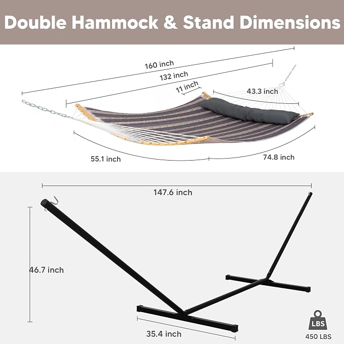 SUNCREAT Hammocks for Outside with Stand Included, Double Hammock with Curved Spreader Bar, Carrying Bag, Gray Stripes - Image 6