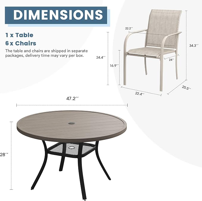 DIFY 7 Pieces Outdoor Patio Dining Set for 6, 47.2" Grey Wood-Like Round Metal Dining Table and 6 Sandshell Stackable Textilene Patio Chairs, Outdoor Table and Chairs for Backyard Garden Poolside - Image 8