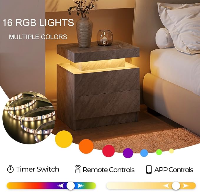 Cubehom Nightstands Set of 2, Bedside Tables with LED Lights, Night Stands with 2 Wood Drawers, End Tables Set of 2 for Living Room/Bedroom - Image 6