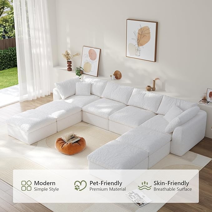 Modular Sectional Sofa Boneless Cloud Couch for Living Room, U Shape Deep Seat Recliner Sofa with Ottoman, Adjustable Backrest & 2 Throw Pillows - Covers Washable, (White, 4 Seater+4 Ottoman)