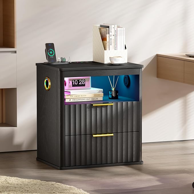 WOOVIVS Modern NightStand with Smart Human Sensor Lights, Bluetooth Music and 2 Large Storage Drawers, Bedside Table for Bedroom, Fluted Design, 23.6" H (Black) - Image 7
