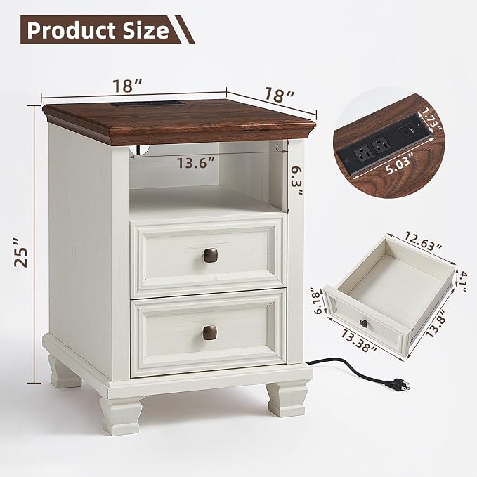SAVOR LIFE Farmhouse Side Table with Charging Station, Antique Nightstands with Drawers, Bedside Table with Open Shelf for Bedroom, White - Image 2