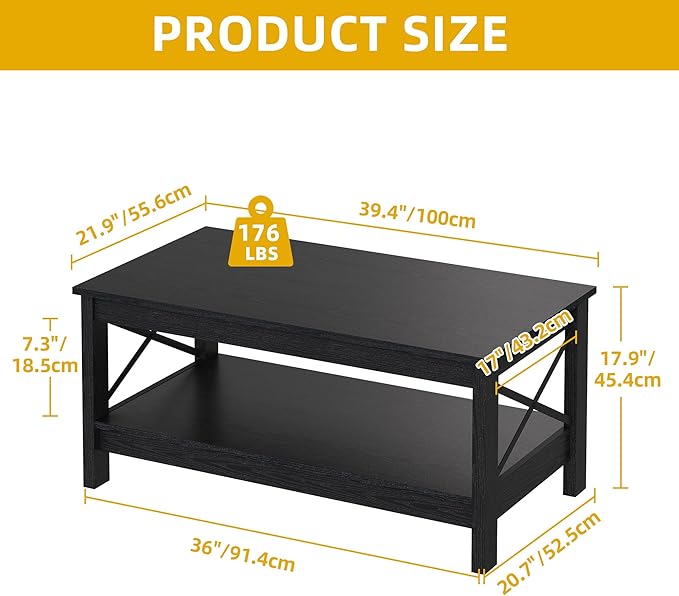 DWVO Black Coffee Tables for Living Room Storage Coffee Table Wood Coffee Table with Thicker Legs 2 Tier Modern Coffee Tables Center Table for Living Room, Black
