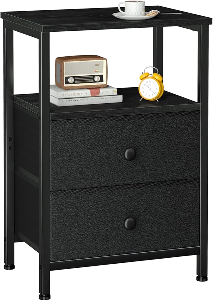 LOAKEKEL Night Stand, Nightstand with 2 Fabric Drawers for Bedroom, Small End Table with Open Storage Shelf for Living Room, Bedisde Table for Apartment, Black, HETS002BK-1 by LOAKEKEL