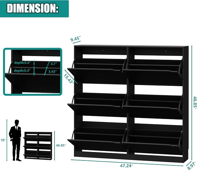 Xixini Shoe Storage Cabinet for Entryway with 6 Flip Drawers, Sturdy Wood Hidden Shoe Storage, Freestanding Narrow Slim Shoe Organizer for Front Door Entrance, Living Room, Hallway, Bedroom, Black - Image 2