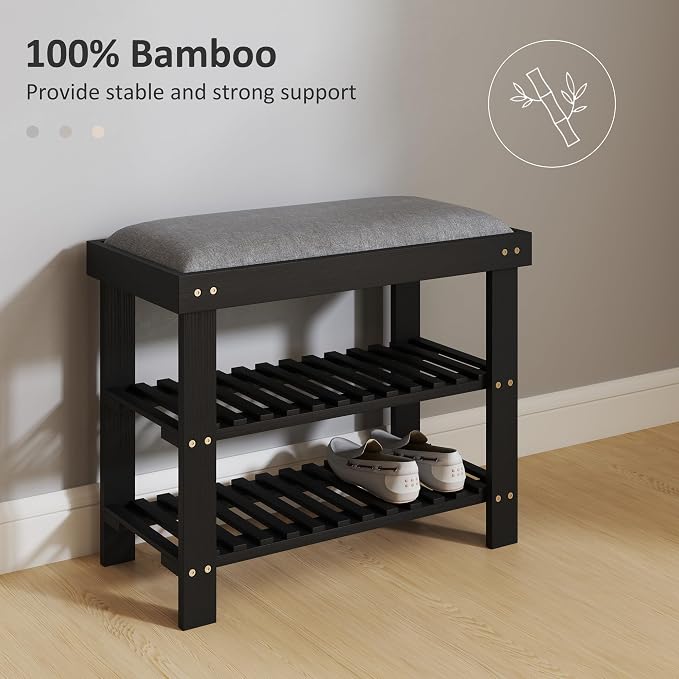 HOMCOM Bamboo Shoe Bench, 3-Tier Entryway Bench with Storage and Cushion, Shoe Organizer for Entryway, Hallway, Holds Up to 331 lbs, 23.6 x 11.4 x 19.3 Inches, Black - Image 6