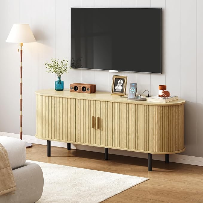 ONBRILL 55" TV Stand with Power Outlet for TVs up to 60 Inch, Entertainment Center with Storage and Adjustable Shelves, Modern Media Console with Sliding Doors for Living Room, Oak - Image 4