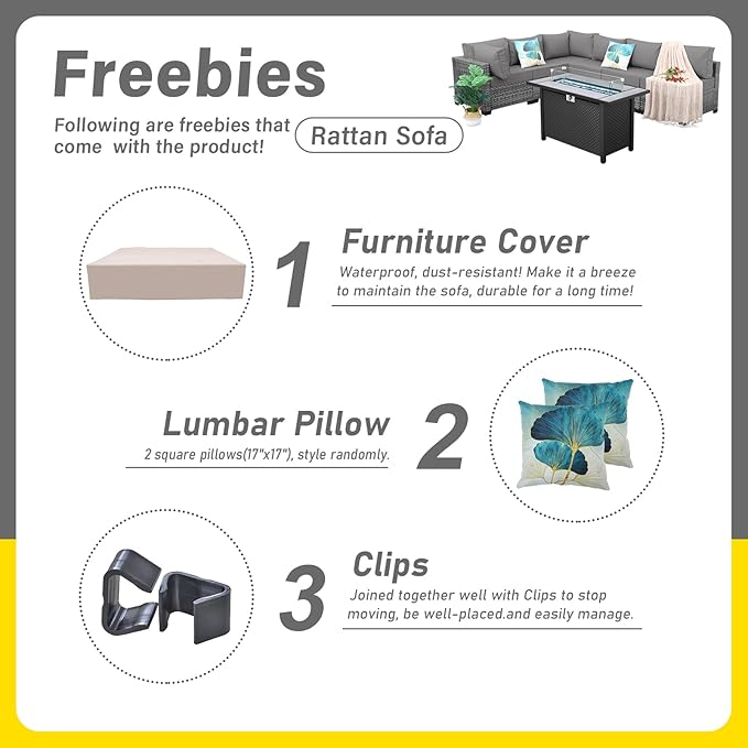 7 Pieces Wicker Patio Furniture Set Rattan Outdoor Sectional Conversation Sofa Set with Fire Pit Table Non-Slip Cushions and Furniture Cover, Light Grey