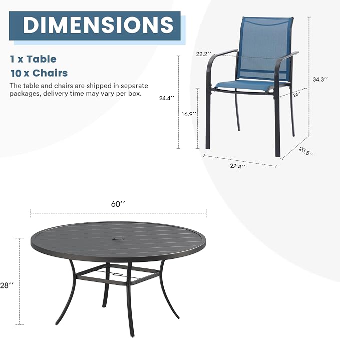 DIFY 11 Pieces Outdoor Patio Dining Set for 10, 60" Black Round Metal Dining Table and 10 Blue Stackable Sling Dining Chairs, Outdoor Table and Chairs for Lawn Garden Backyard Deck - Image 8
