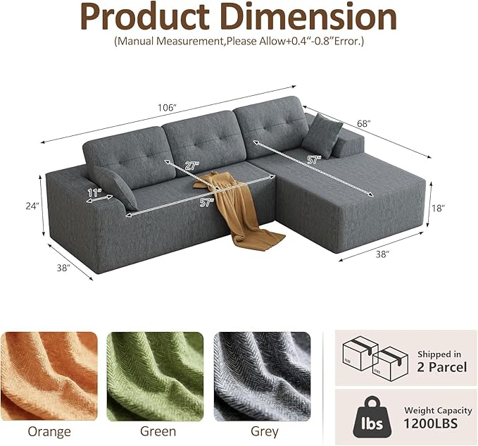 Ball & Cast Modular Cloud Sofa,106'' Chenille Sectional Couch with Wider Armrest and Pillow,3 Seat Upholstered Convertible Comfy Sofa Couches for Living Room, No Assembly Required,Right Facing(Grey)