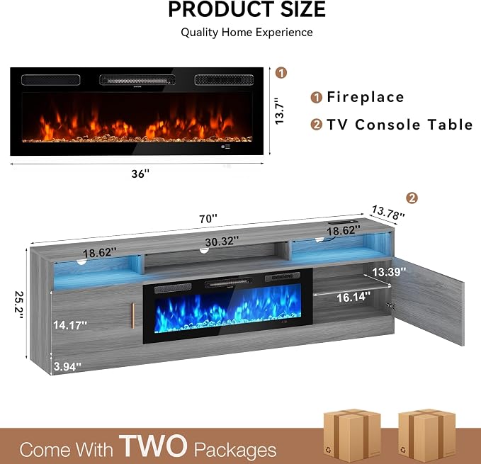 MXV 70" Fireplace TV Stand with Power Outlet for TVs UP to 80", Electric Fireplace Entertainment Center with LED Lights & Storage Cabinets, TV Console for Living Room, Office, Grey-Black - Image 3