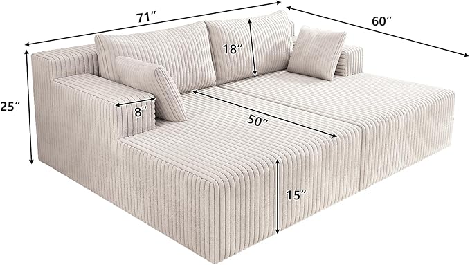 71-Inch Fluffy Corduroy Boneless Sleeper Daybed Loveseat Double Recliner Chaise Lounge Sofa Couches, Floor Cloud Sofa Chaise W/4 Pillows for Home Apartment Living Room
