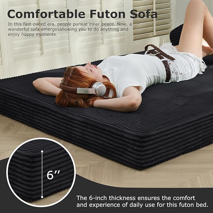 6-inch Folding Mattress Convertible Sofa Bed, Foldable Floor Mattress Sleeping Couch with Removable Corduroy Cover & Carry Handles, High-Density Foam Guest Bed Mattress (Black, Queen)