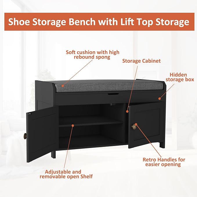 HOMEFORT 30" Shoe Bench with Lift Top Storage, Entryway Bench with Cushioned Seat, Wooden End of Bed Bench, Shoe Cabinet Bench with Hidden Storage Space, for Bedroom, Hallway,Black - Image 7