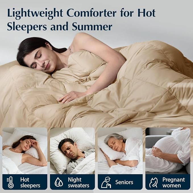 Pacific Coast Summer Goose Feather and Down Fiber Comforter Queen Size, Breathable Duvet Insert for Summer and Hot Sleepers, Natural Cooling Tencel Lyocell Shell, 8 Corner Tabs, Khaki Brown, 90x90