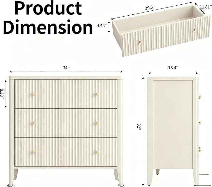 Fatmok Fluted 3 Drawer Dresser for Bedroom, 34" Wide Chest of Drawers, Modern Wood Nightstand End Table with Metal Handles, Striped Storage Cabinet for Living Room, Hallway, Entryway, Alabaster White - Image 2