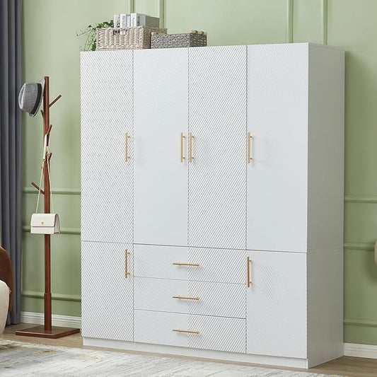 GraceGrove Armoire Wardrobe Closet with 3 Drawers and 4 Door Armoire Cabinet Closet Wood High Storage Capacity and Hanging Rail for Bedroom White