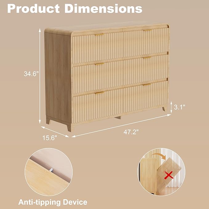 3 Piece Bedroom Furniture Set 6 Drawer Fluted Dresser & 2 Nightstand Sets with Metal Handle, Charging Station & Storage Cabinet, Modern Design for Bedroom/Living Room, Natural