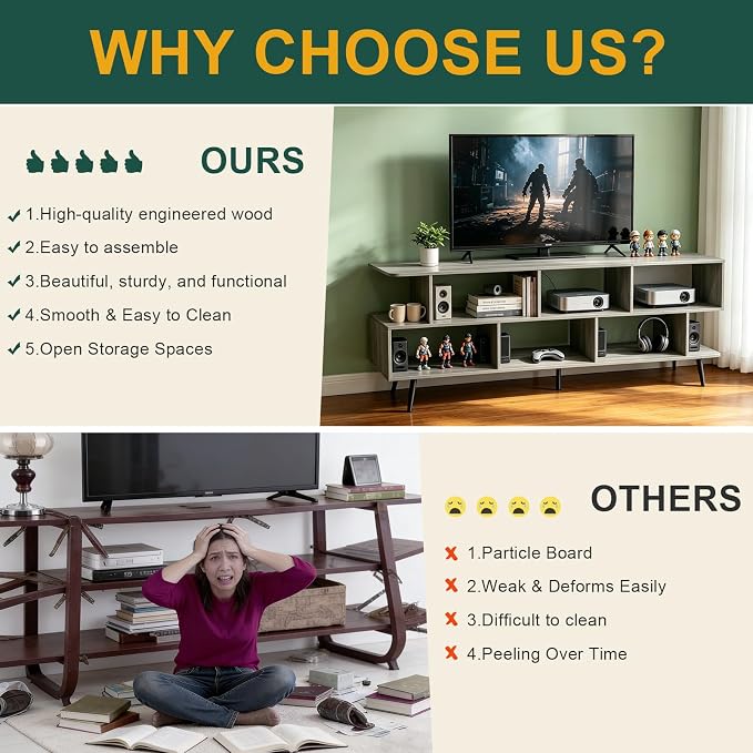 65" American Walnut TV Stand with Power Outlet,Large Media Console Table for TVs up to 75" with 8 Open Shelves,Entertainment Center for Living Room/Entrance/Kitchen/Sofa Cabinet,Easy Assembly - Image 7