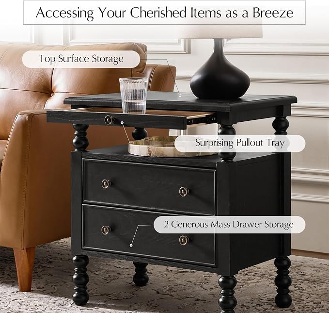 HULALA HOME 26" End Table with Charging Station, Transitional 2 Drawer Wood Endtable with Pull-Out Shelf and Open Storage Space, Large Side Table with Solid Wood Spindle Legs,Black - Image 3