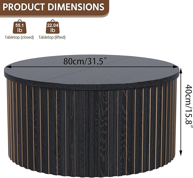 Fluted Lift Top Coffee Table with Storage, 31.5'' Farmhouse Round Coffee Tables for Living Room, Modern Wood Center Tables with Hidden Compartment for Home, Office (Black)
