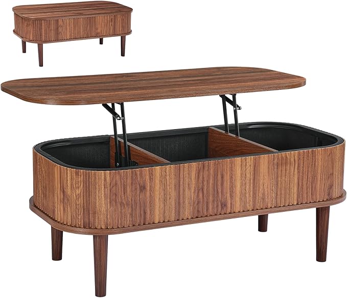 VEVOR Fluted Lift Top Coffee Table, Oval Walnut Coffee Table with 3 Hidden Compartment, Mid Century Modern Wood Center Table with Storage, Lift up Tabletop for Home Living Room Office, Easy Assembly
