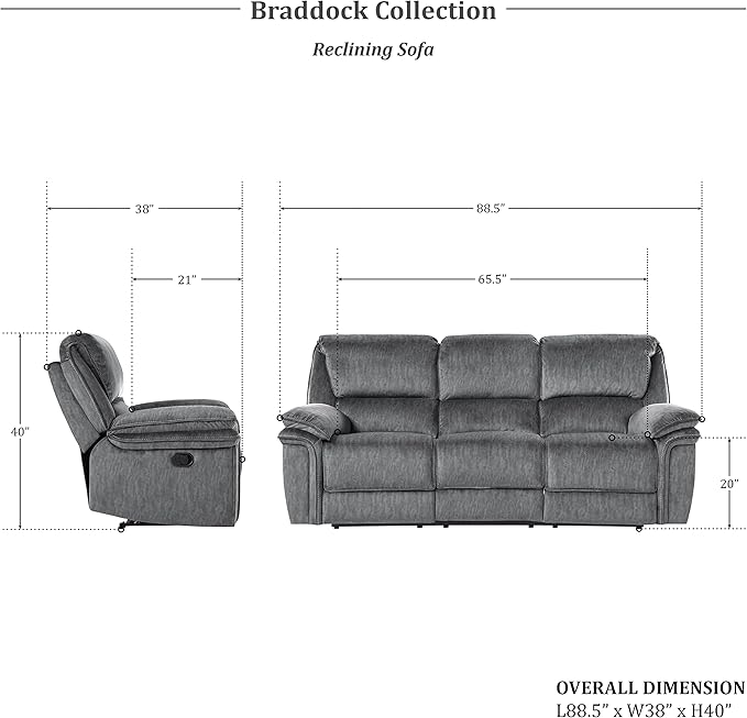 Lexicon Braddock Wall-Hugger Manual Reclining Living Room Set, 3-Piece, Gray
