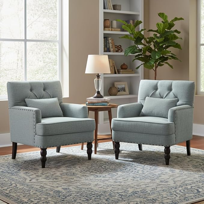 HUIMO Accent Chairs Set of 2, Tufted Club Chair Set of 2 with Lumbar Pillow,Upholstered Button Armchair, Linen Fabric Sofa Chairs for Bedroom, Living Room, Mid Century Modern Reading Chair,Light Blue