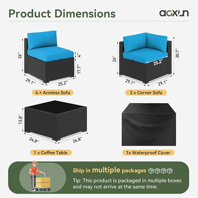 Aoxun 7 Piece Patio Furniture Set, Wicker Rattan Patio Sectional Sofa, Outdoor Furniture Set with Thickened Cushion, Light Gray