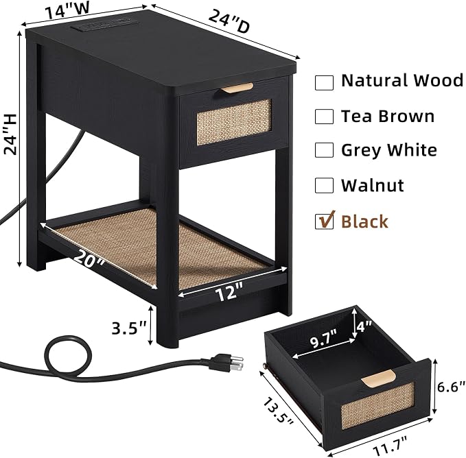 Lerliuo Narrow Night Stand Set of 2 with Charging Station, Boho Nightstand with Drawer, Bed Side End Table with Rattan Shelf for Small Spaces, Wood Nightstands Bedside Tables for Living Room Bedroom - Image 3