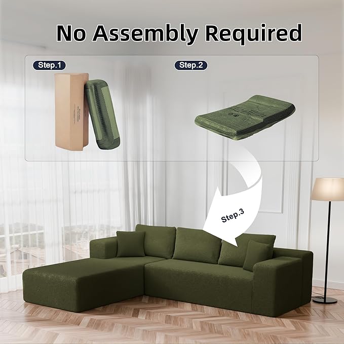 105" Cloud Sectional Couch with L-Shape Chaise,Modern Modular Sofa with Deep Seat, Fluffy Boneless Couches for Living Room Bedroom,No Assembly Required, Green (Plush Wool Fabric)