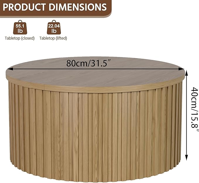 Fluted Lift Top Coffee Table with Storage, 31.5'' Farmhouse Round Coffee Tables for Living Room, Modern Wood Center Tables with Hidden Compartment for Home, Office (Wood Color)