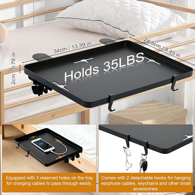 Bedside Bunk Bed Shelf for College Dorm Essentials, Bedside Caddy with Cable Catch & Bedside Organizer, Floating Nightstand for Bed Room, Office, Dorm Room, Metal Beside Tray, Bed Table, Black - Image 2