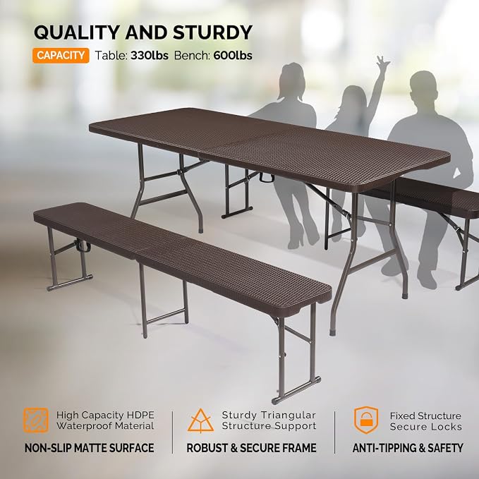 VINGLI Picnic Table Set with 2 Benches, 6 Feet Camping Table Chair Set, 3-Piece Folding Furniture for Indoor or Outdoor Use, Rattan Patterned Tabletop, Brown - Image 2