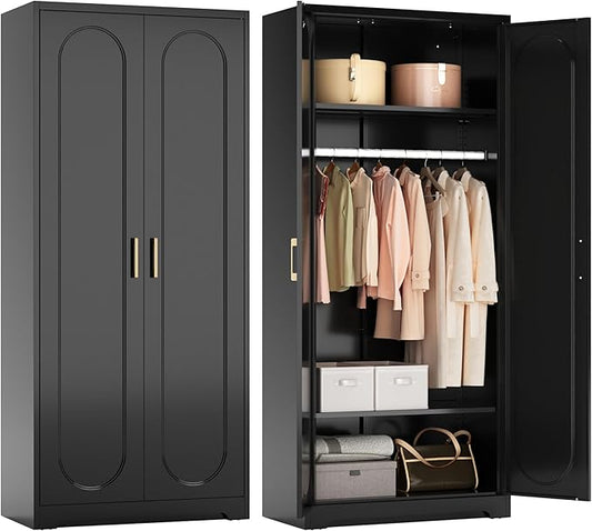 Polup Metal Armoire Wardrobe Closet with Hanging Rod, 71" Tall Wardrobe Cabinet for Clothes, Black Clothing Storage Cabinet with Doors and Shelves, Large Wardrobes for Bedroom, Office, Employee