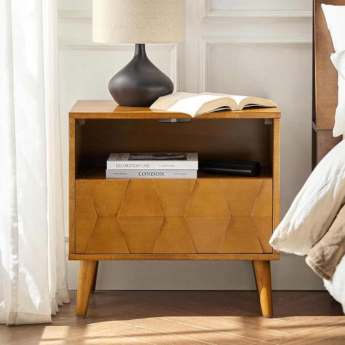HULALA HOME Wood Nightstand with 1 Drawer & Open Shelf, Mid Century Modern Nightstand with Charging Station, Geometric Pattern Bedside Table for Bedroom, Acorn by HULALAHOME