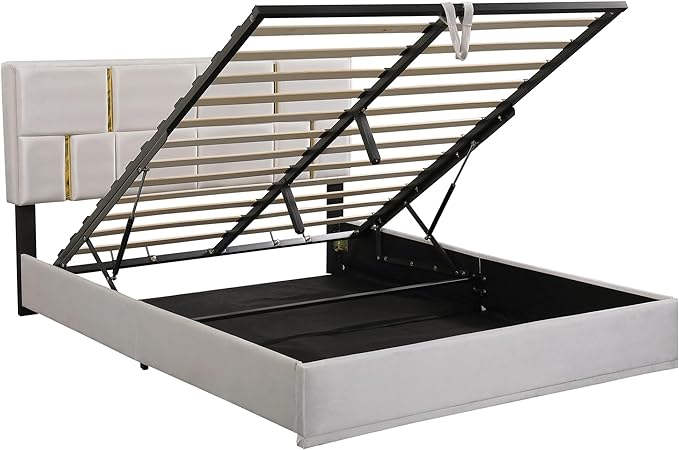 Queen Size Lift Up Storage Bed, PU Leather Upholstered Platform Bed with Hydraulic Storage System and Wooden Slats Support, No Box Spring Needed - Beige