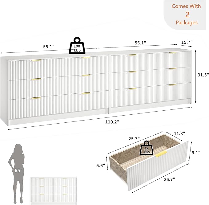 White Dresser Set of 2, Long Dresser for Bedroom Wooden with 12 Drawers, Fluted Modern Bedroom Furniture Set, TV Stand Dressers & Chests of Drawers for Closet (15.7"D x 110.2"W x 31.8"H)