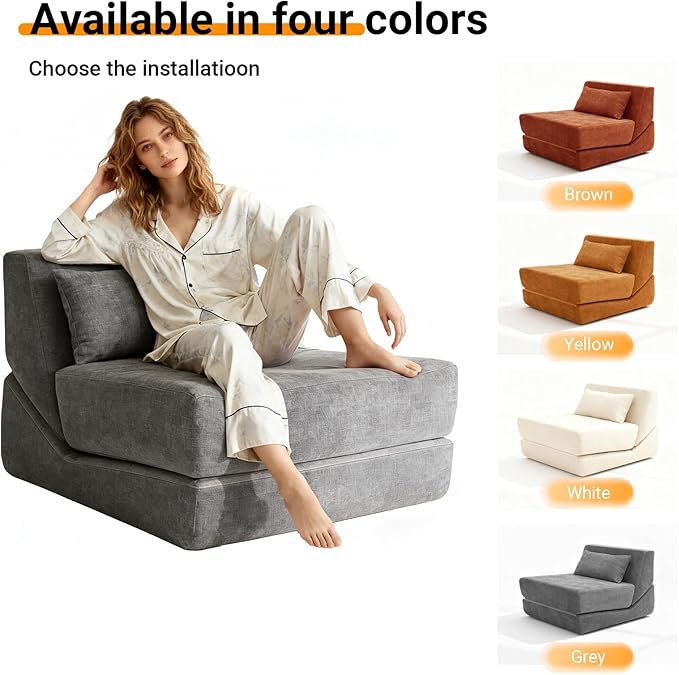 Folding Sofa Bed Chair, 3 in 1 Convertible Sleeper Chair Bed w/Pillow Handle, Floor Sofa Lounge w/Back Support & Removable Washable Cover for Living Room, Bedroom, Apartment (White) | Washable Cover, Sleeper Chair, Folding Sofa Bed