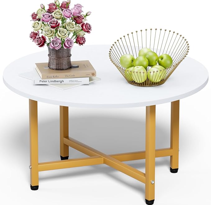 Coffee Table, 23.6" Coffee Tables for Living Room, Round Coffee Table with Metal Frame, Floor Table for Sitting on The Floor, Home, Office, White & Gold Legs