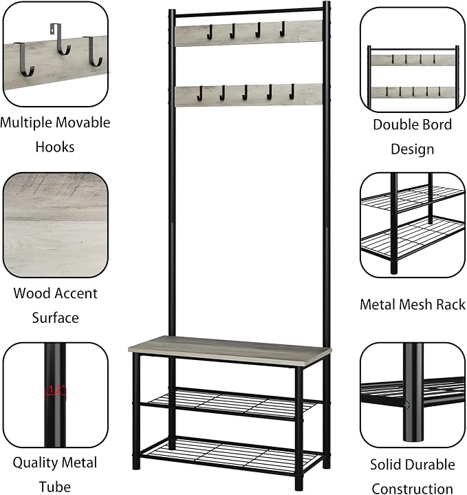 Hall Tree with Bench and Shoe Storage, 3-in-1 Coat Rack, Freestanding Wooden Coat Rack with Shoe Bench with Metal Frame, 3-Tier Storage Shelf and 9 Removable Hooks, Greige - Image 4