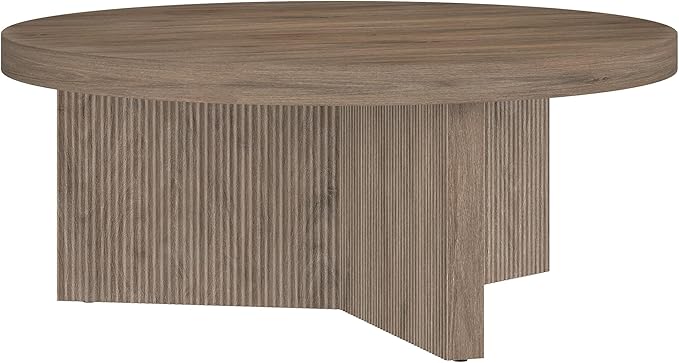 Henn&Hart 36" Fluted Round Low-Profile Coffee Table with Ribbed Pedestal Base for Living Room, Family Room, or Office, Weathered Gray