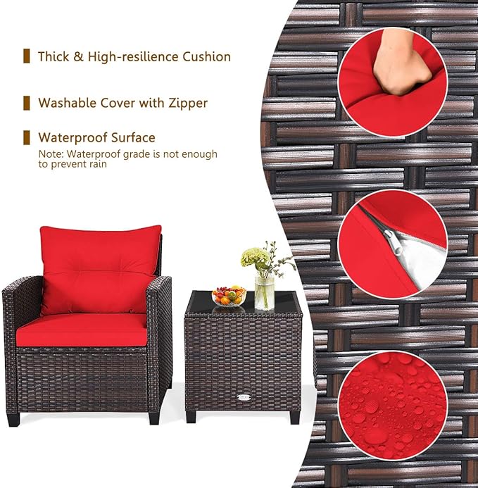 HAPPYGRILL 3 Pieces Patio Conversation Set, Outdoor Furniture Set PE Rattan Sofa Set with Removable Cushions, PE Wicker Chairs with Tempered Glass Side Table for Porch Lawn Garden Balcony Backyard