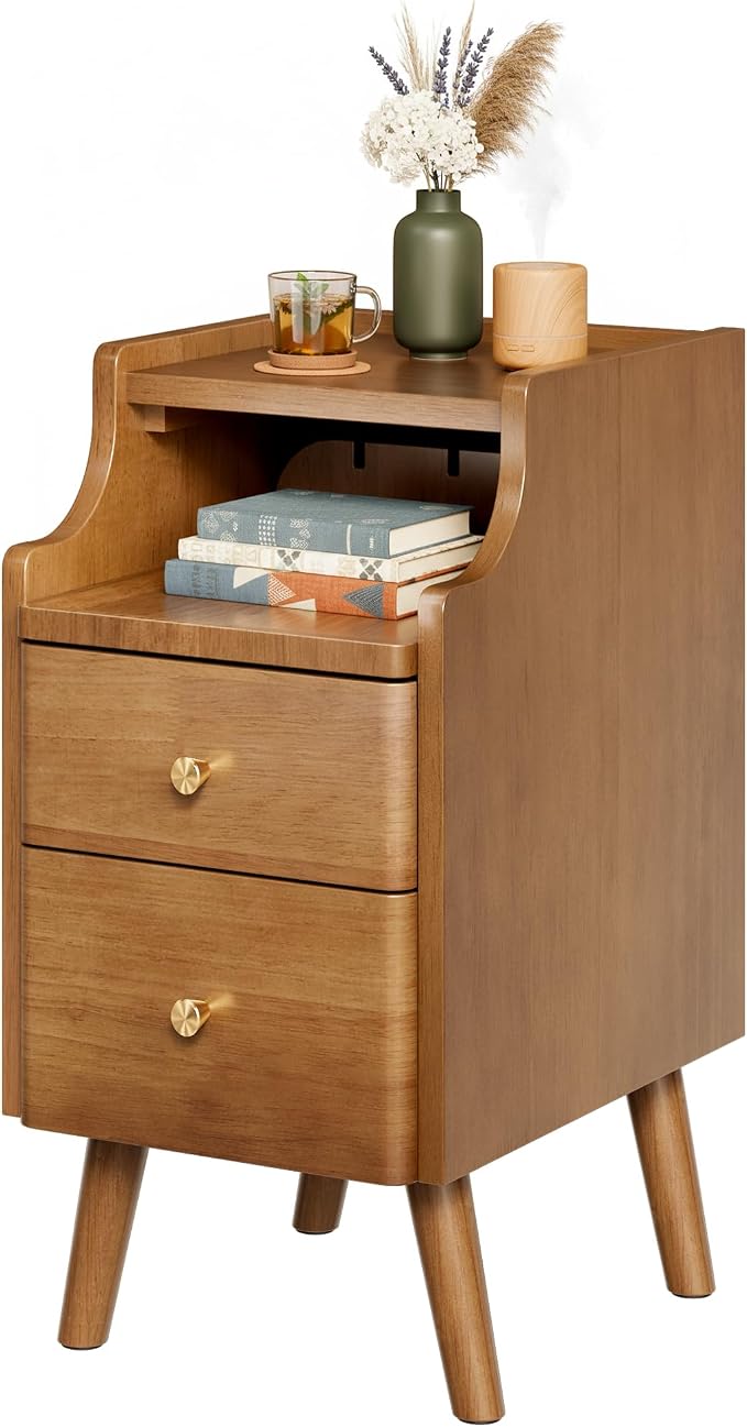 Narrow Nightstand, Solid Wood Night Stand with 2 Drawers, Walnut Mid Century Modern Nightstand, Small Beside Table with Open Storage Shelf for Bedroom (10 inch) by MVPSONAG