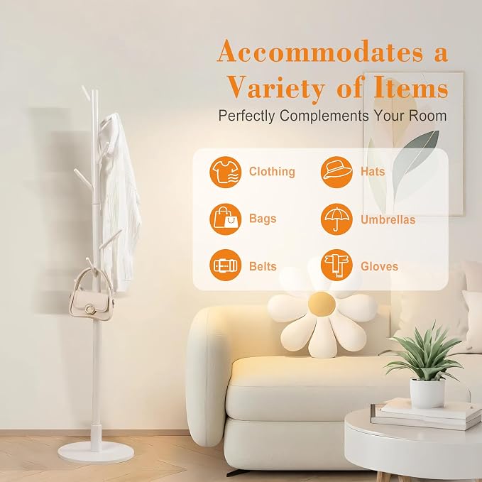 VECELO Coat Rack Freestanding, Entryway Hanger Stand, Umbrella Holder, Hall Tree With Hooks, Floor Standing Metal Tree Stand,White - Image 8