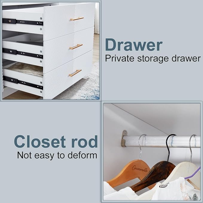 GraceGrove Armoire Wardrobe Closet with 3 Drawers and 4 Door Armoire Cabinet Closet Wood High Storage Capacity and Hanging Rail for Bedroom White