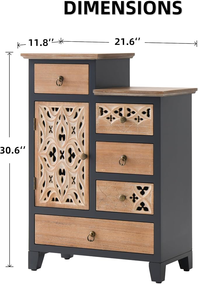 Ahokua Farmhouse Accent Chest with Carved Door and 5-Drawers, Vintage Storage Cabinet Modern Dresser for Living Room, Entryway, Hallway, Multi-Drawer Organizer, Natural and Deep Blue - Image 2
