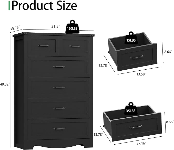 Dresser for Bedroom with 6 Drawers, 49" Tall Wood Chest of Drawers with Deep Drawers & Mental Handle, Modern Dresser TV Stand, Wooden Closet Storage Organizer for Living Room, Hallway, Entryway, Black - Image 2