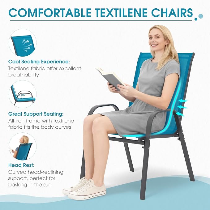 Outdoor Stackable Chairs Set of 6, Stacking Patio Chairs with Textilene Fabric, Outside Furniture for Garden Backyard Balconie Poolside Deck, Blue - Image 4