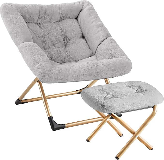 Youtanic Comfy Oversized Saucer Chair with Ottoman,Soft Faux Fur Reading Lounge Chair for Adults,Stable X-Large Metal Frame and Non-Slip Pad,Cozy Chair for Bedroom, Living Room, Dorm, Light Gray